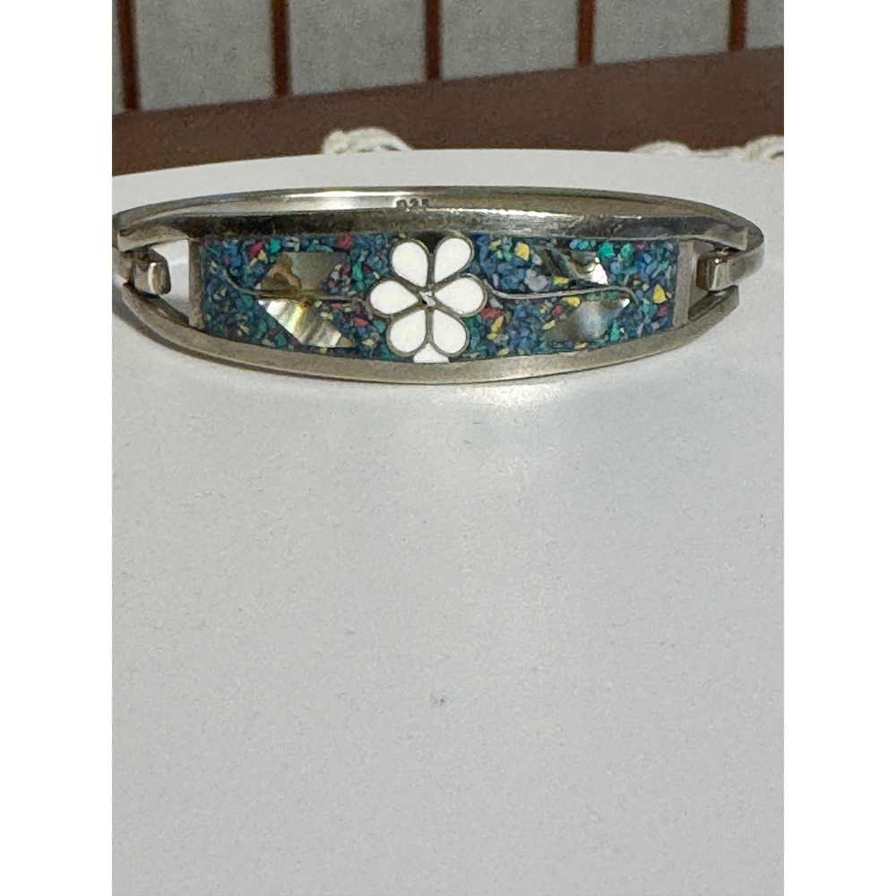Taxco Bangle Bracelet Women OS Silver Good Vintage 925 Inlay Flower Mexico - Picture 5 of 10